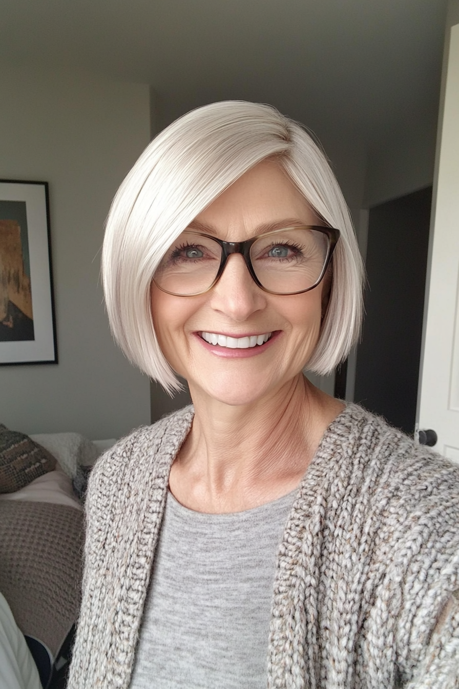 18. Blunt Bob with Platinum Blonde (Short Hairstyles For Women Over 50 With Glasses) - Short Hairstyles For Women Over 50 With Glasses