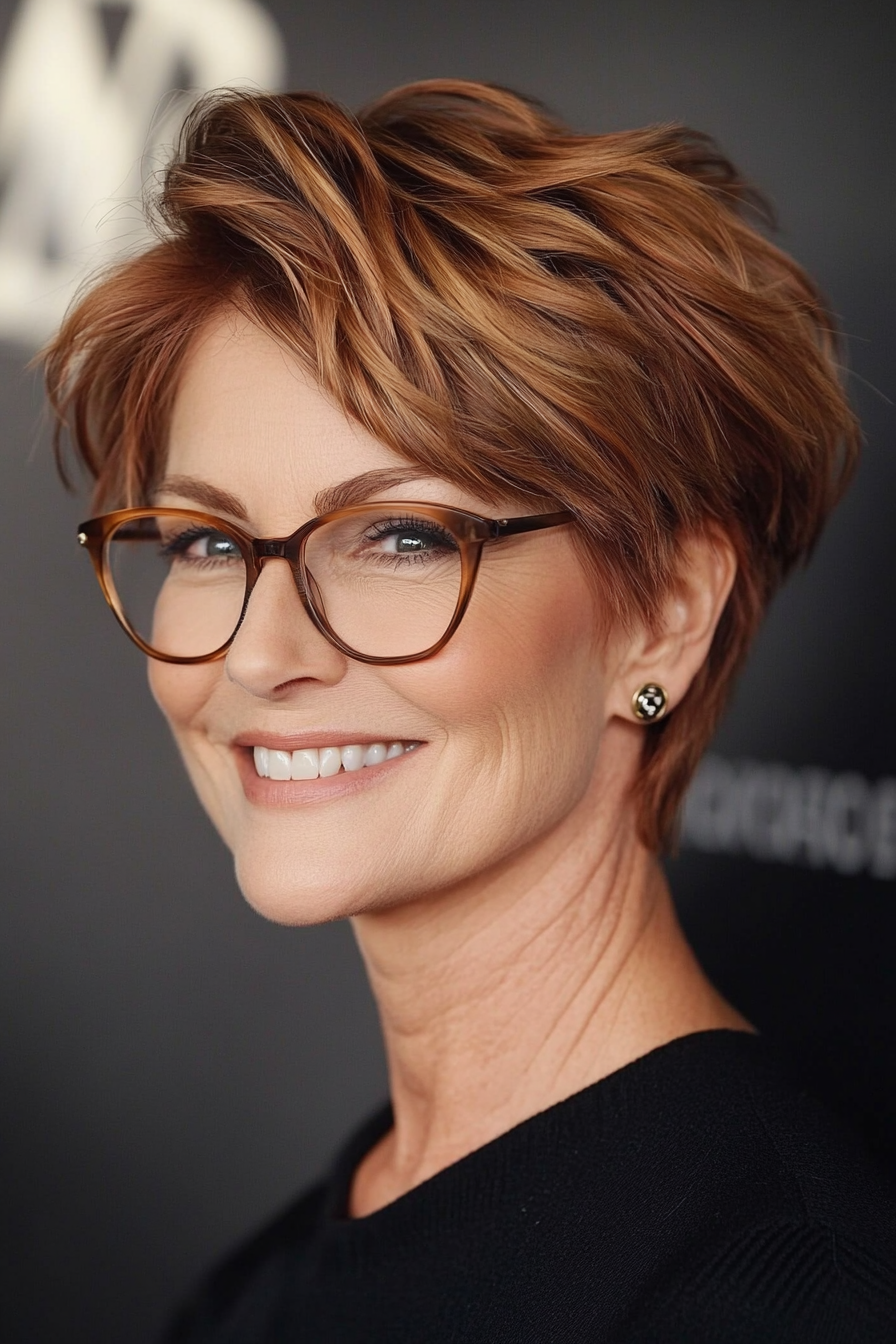 20. Layered Pixie with Copper Highlights (Short Hairstyles For Women Over 50 With Glasses) - Short Hairstyles For Women Over 50 With Glasses