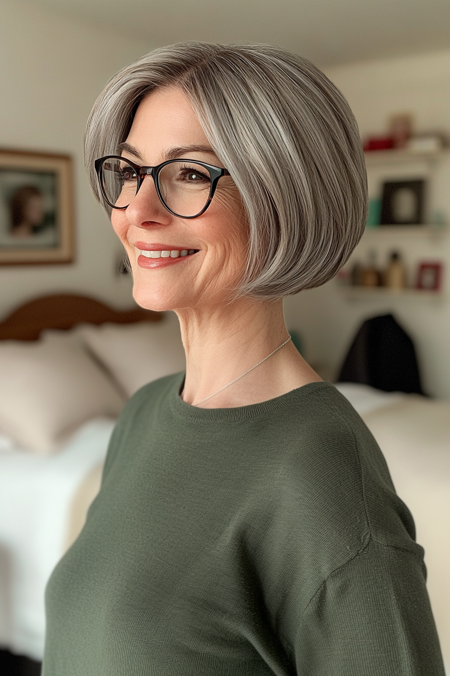 21. Short Bob with Soft Gray Balayage (Short Hairstyles For Women Over 50 With Glasses) - Short Hairstyles For Women Over 50 With Glasses