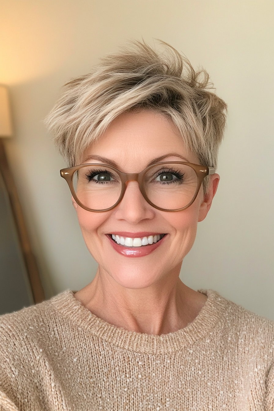 22. Textured Crop with Warm Gold Undertones (Short Hairstyles For Women Over 50 With Glasses) - Short Hairstyles For Women Over 50 With Glasses