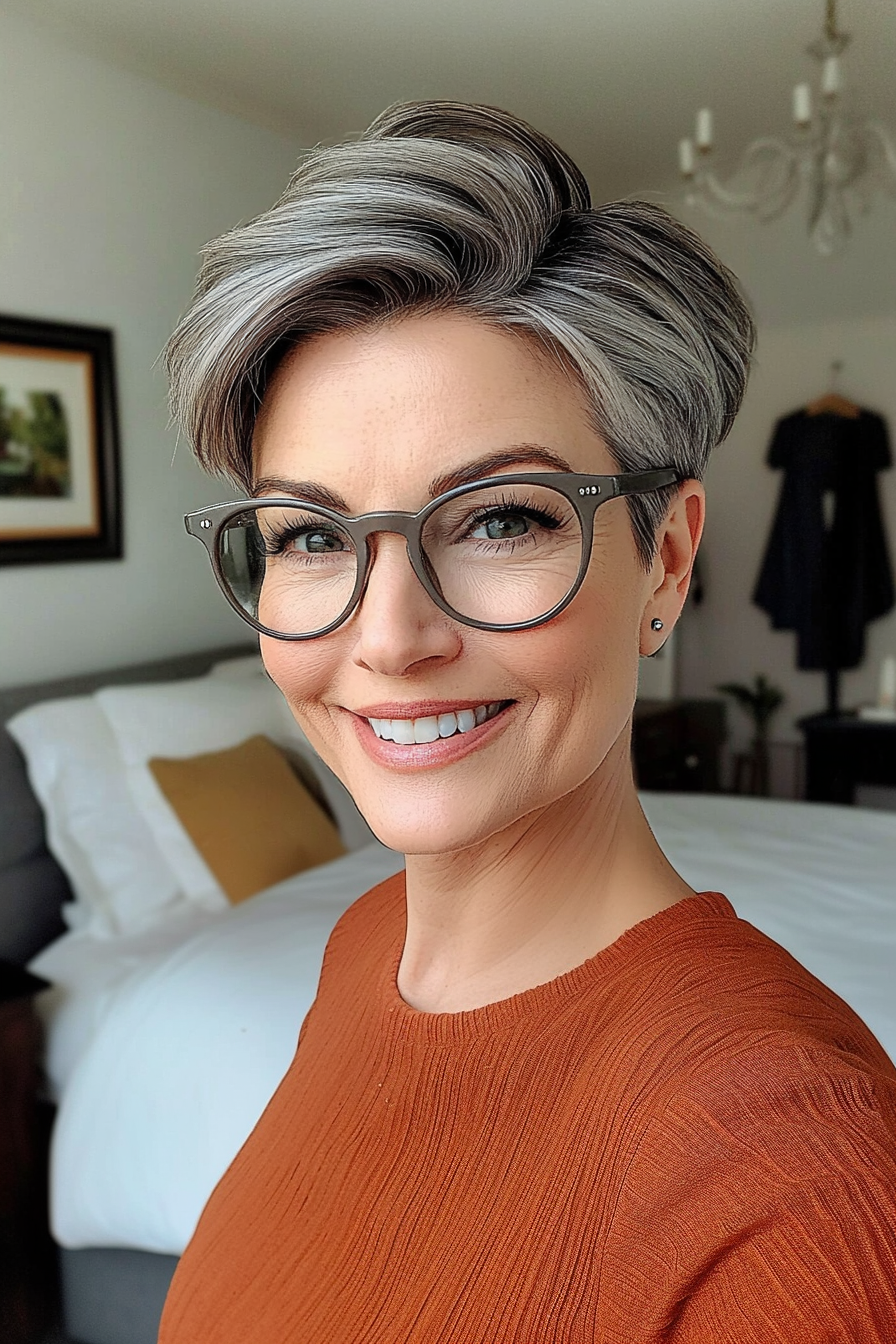 26. Pixie Cut with Ash Gray Highlights (Short Hairstyles For Women Over 50 With Glasses) - Short Hairstyles For Women Over 50 With Glasses