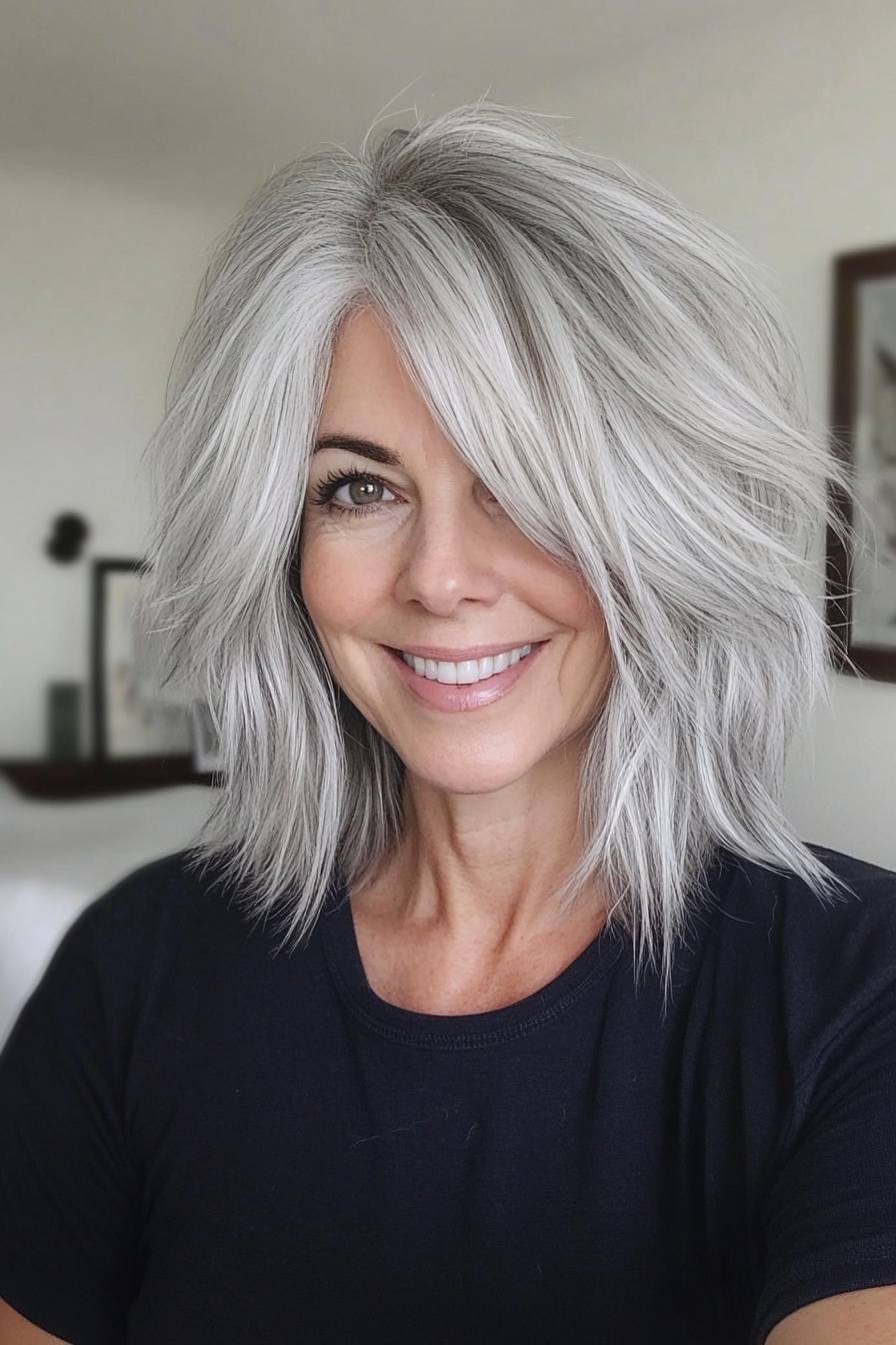 3. Silver Shag with Textured Layers (Layered Hairstyles For Women Over 50) - Layered Hairstyles For Women Over 50