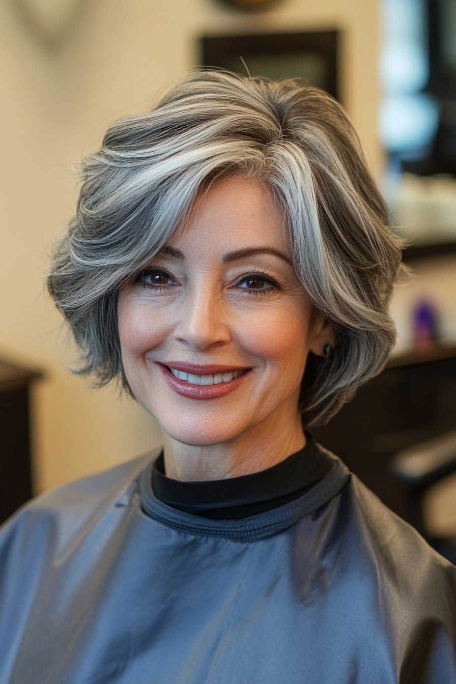 6. Salt-and-Pepper Tapered Layers (Layered Hairstyles For Women Over 50) - Layered Hairstyles For Women Over 50