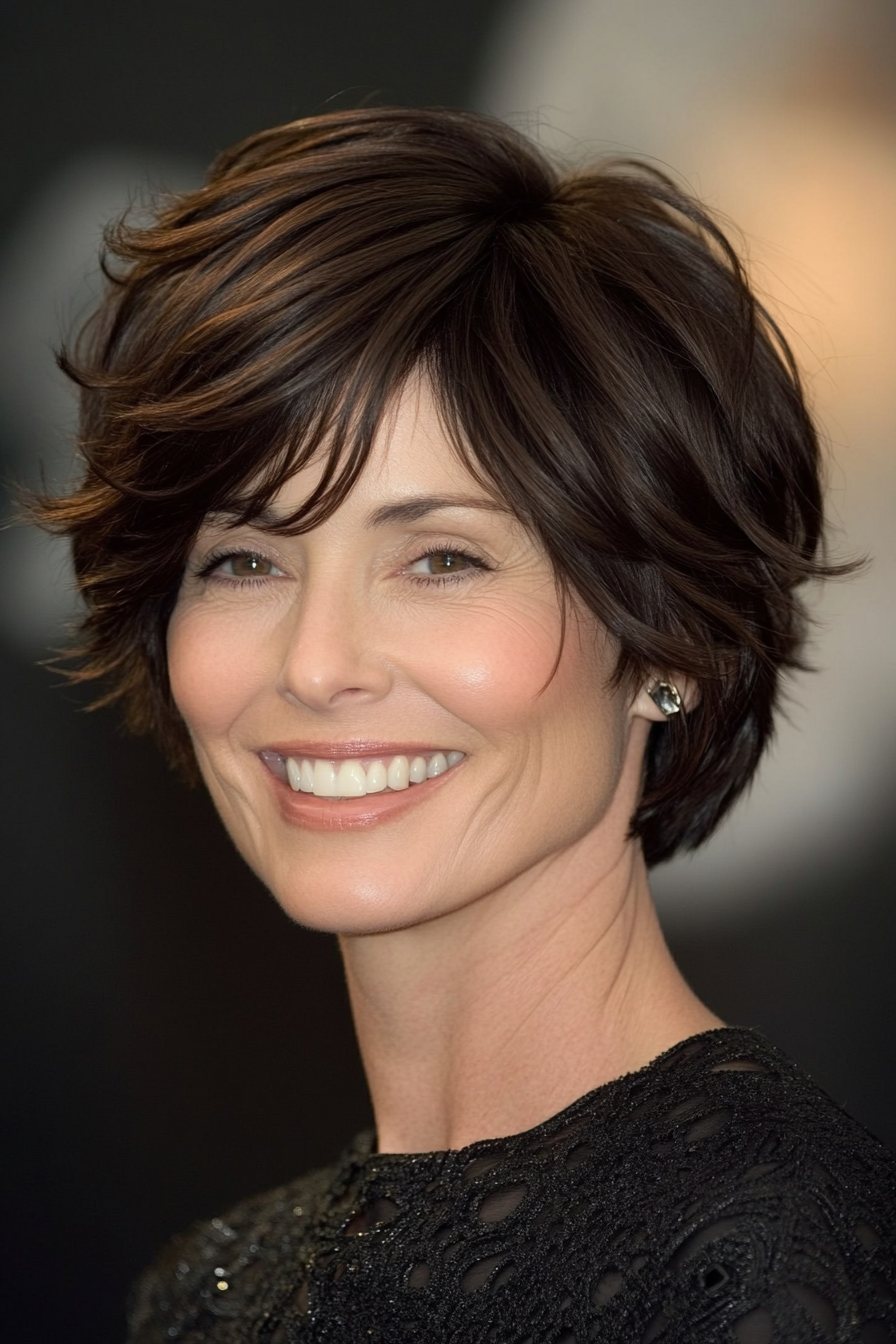7. Layered Pixie in Dark Chocolate Brown (Layered Hairstyles For Women Over 50) - Layered Hairstyles For Women Over 50