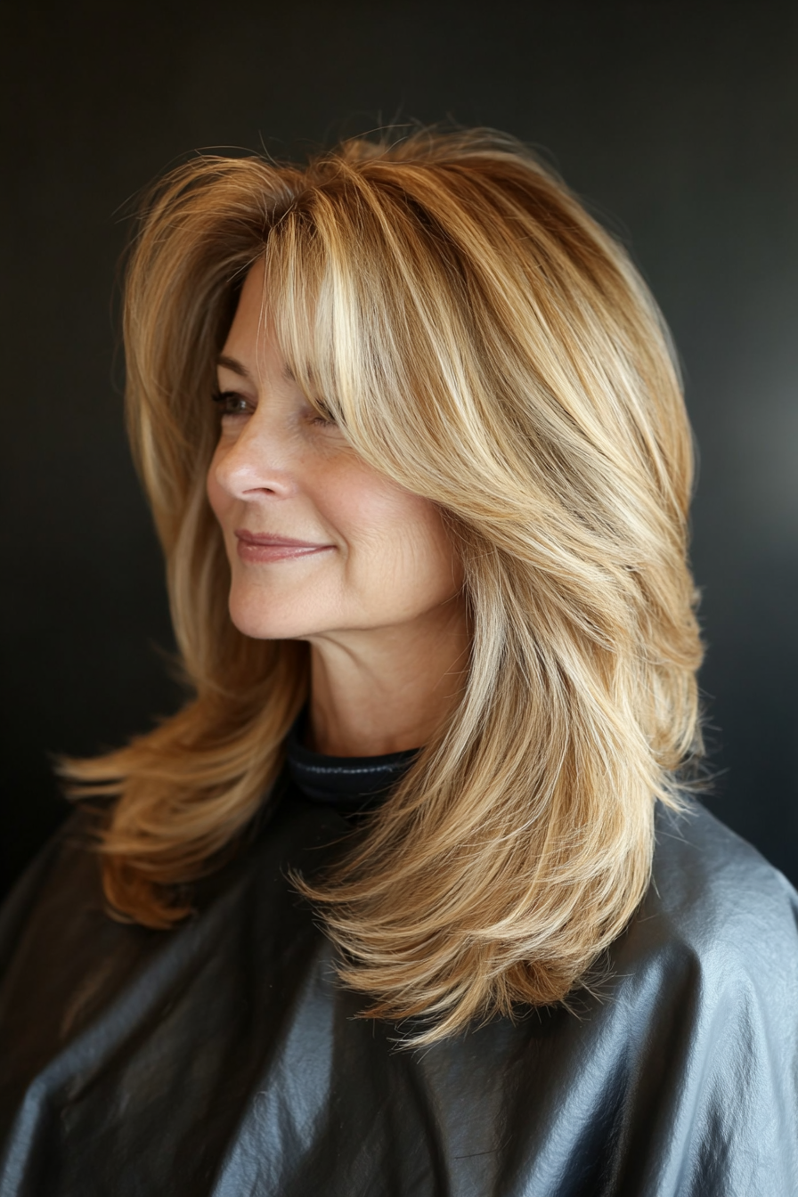 8. Honey Blonde Long Feathered Layers (Layered Hairstyles For Women Over 50) - Layered Hairstyles For Women Over 50