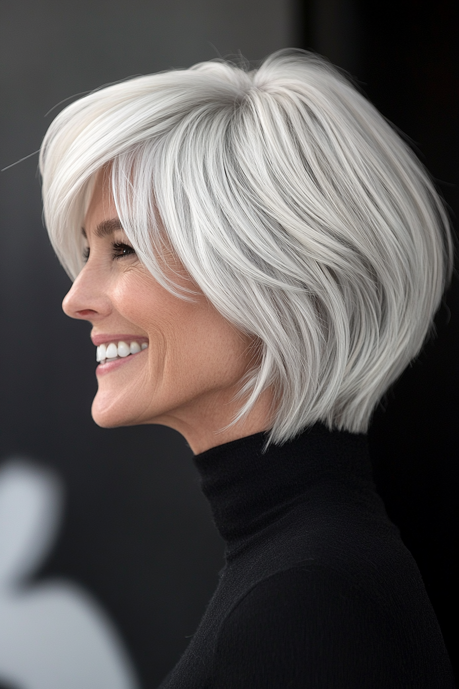 9. Icy Platinum Layered Crop (Layered Hairstyles For Women Over 50) - Layered Hairstyles For Women Over 50