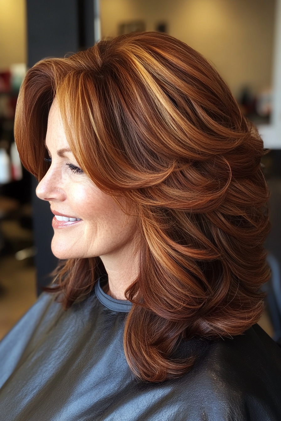 10. Mahogany Wavy Layers with Highlights (Layered Hairstyles For Women Over 50) - Layered Hairstyles For Women Over 50