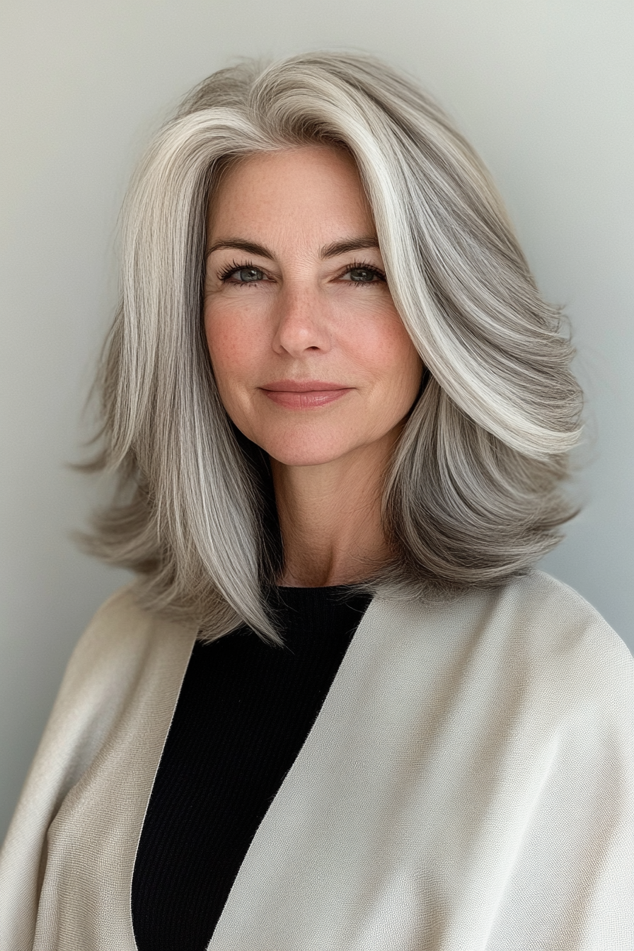 11. Pearl Gray Layered Lob (Layered Hairstyles For Women Over 50) - Layered Hairstyles For Women Over 50