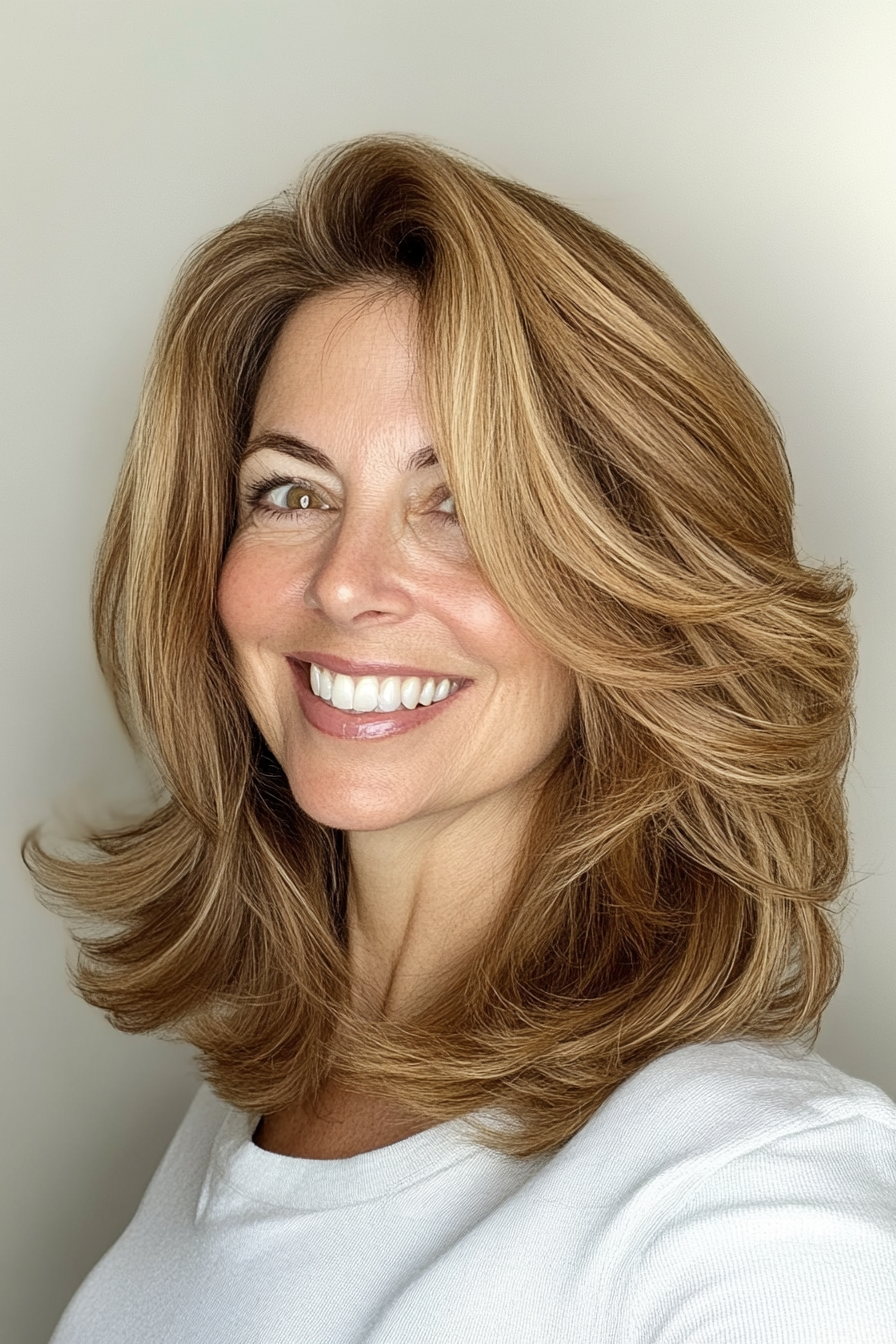 12. Golden Brown Shoulder-Length Layers (Layered Hairstyles For Women Over 50) - Layered Hairstyles For Women Over 50