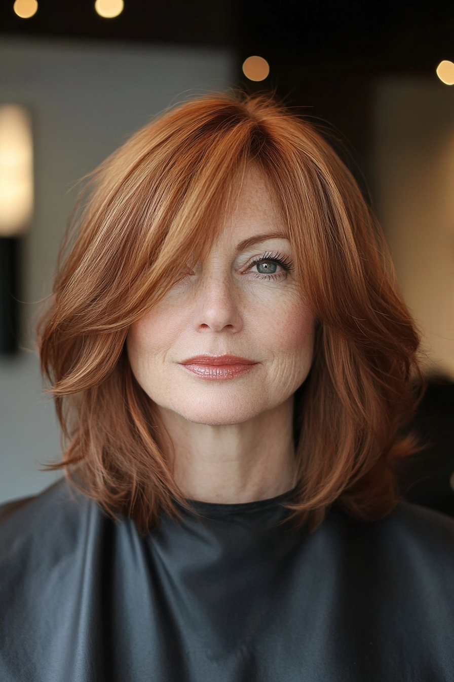 13. Layered Auburn Bob with Curtain Bangs (Layered Hairstyles For Women Over 50) - Layered Hairstyles For Women Over 50