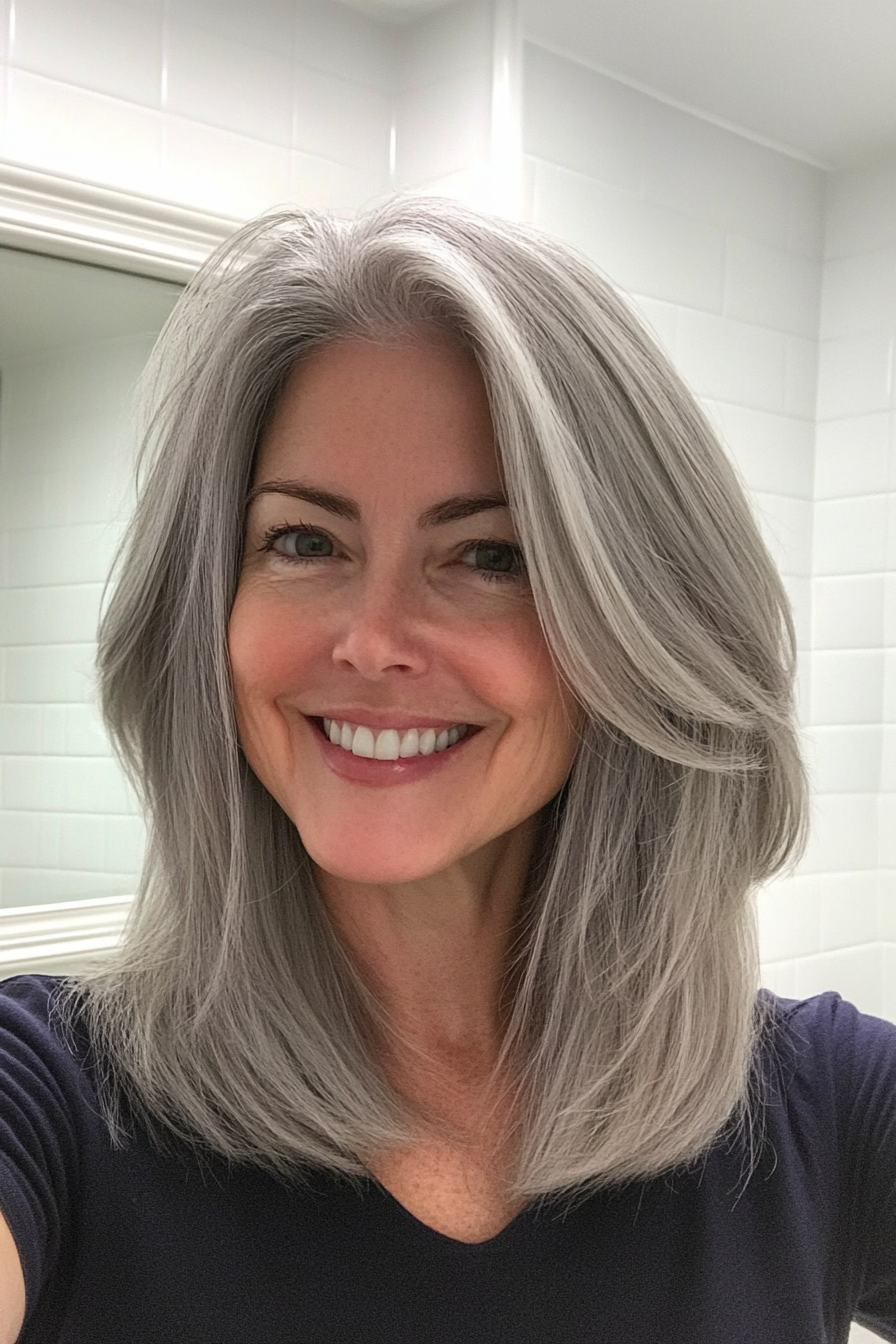 16. Ash Gray Mid-Length Layers (Layered Hairstyles For Women Over 50) - Layered Hairstyles For Women Over 50