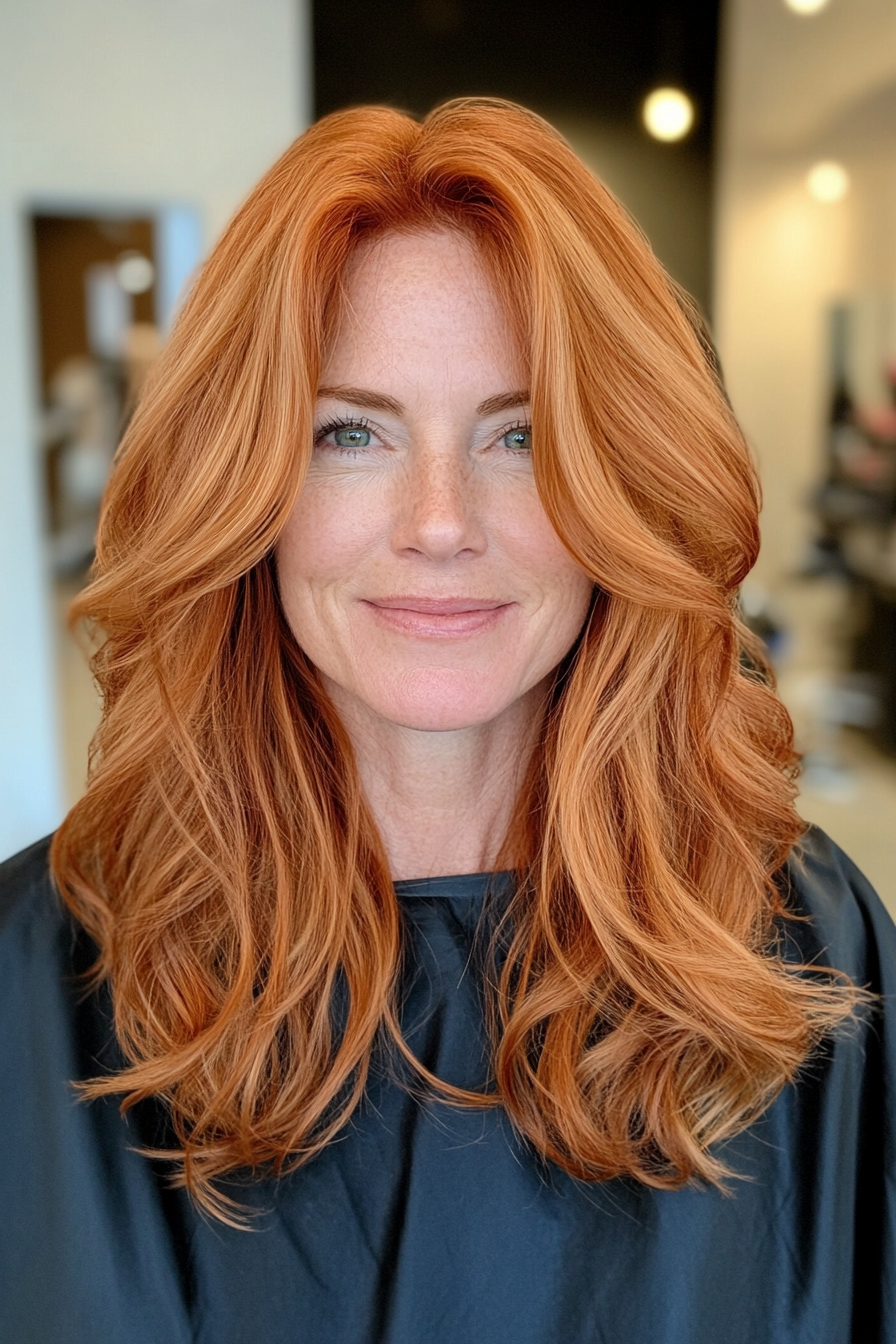 17. Golden Copper Layered Curls (Layered Hairstyles For Women Over 50) - Layered Hairstyles For Women Over 50
