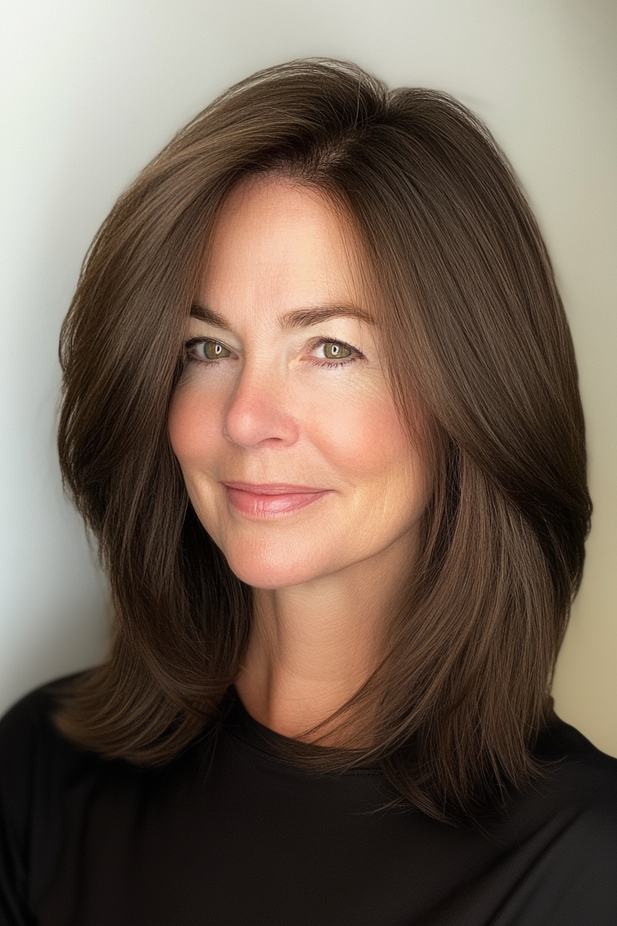 18. Dark Brown Straight Layered Cut (Layered Hairstyles For Women Over 50) - Layered Hairstyles For Women Over 50