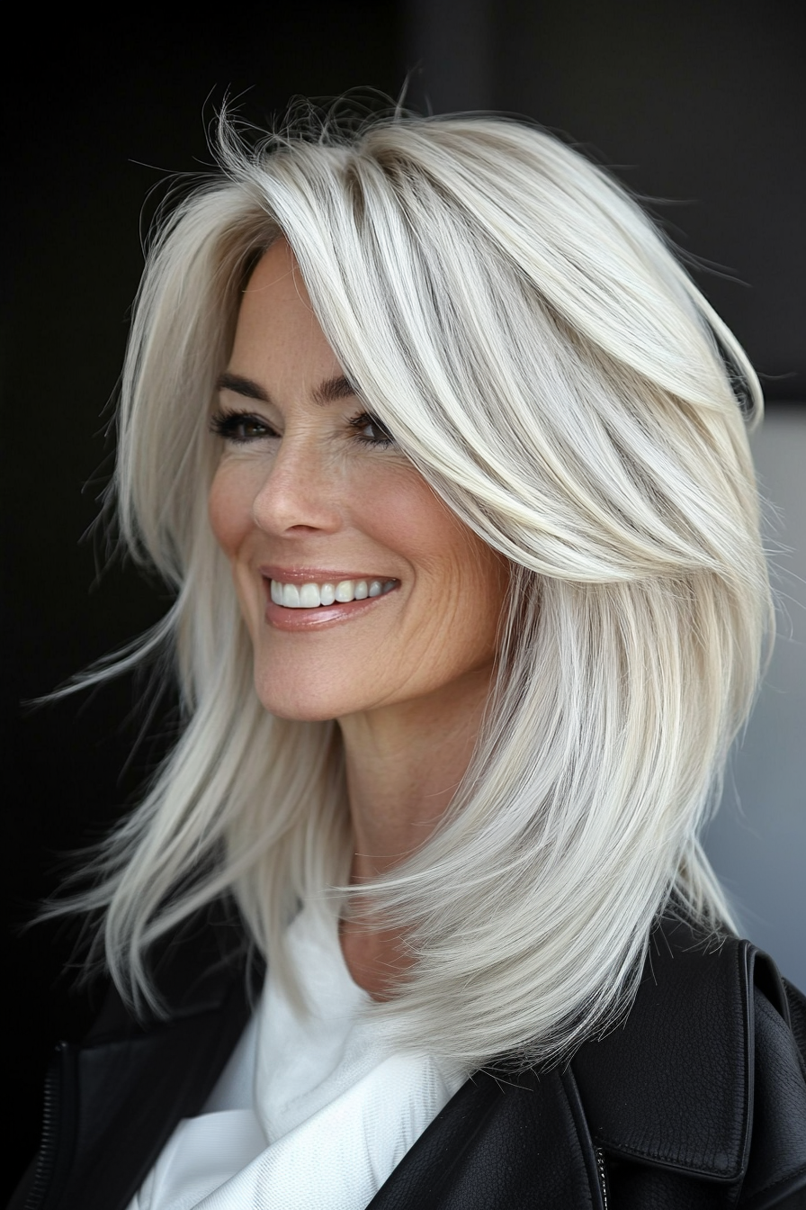 21. Platinum Blonde Layered Lob (Layered Hairstyles For Women Over 50) - Layered Hairstyles For Women Over 50