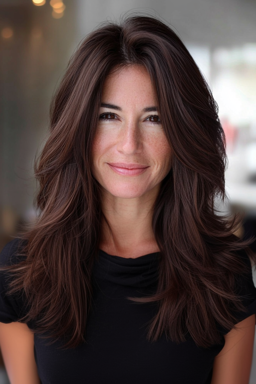 22. Espresso Brown Textured Layers (Layered Hairstyles For Women Over 50) - Layered Hairstyles For Women Over 50