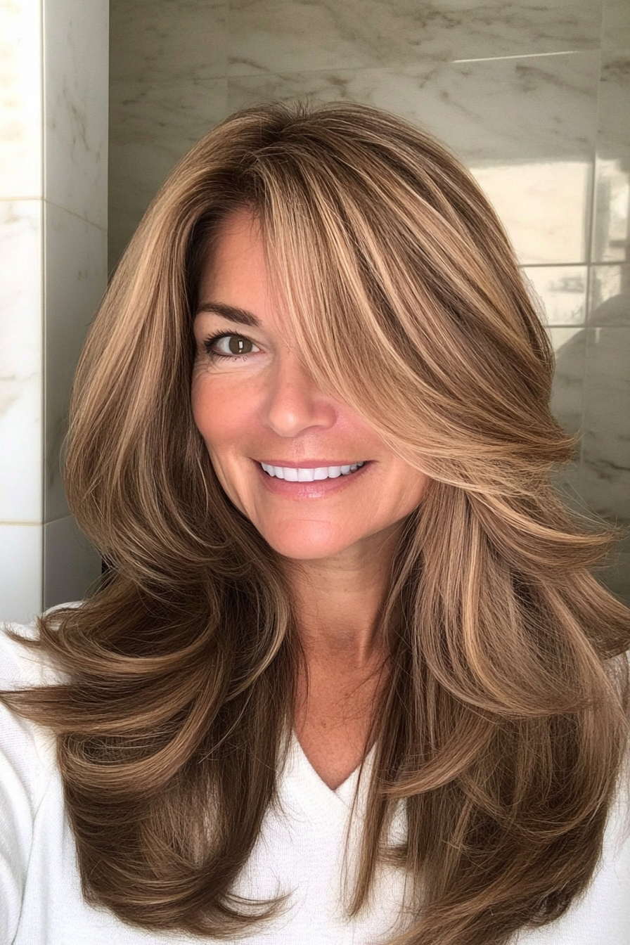 23. Honey Brown Soft Layers with Waves (Layered Hairstyles For Women Over 50) - Layered Hairstyles For Women Over 50