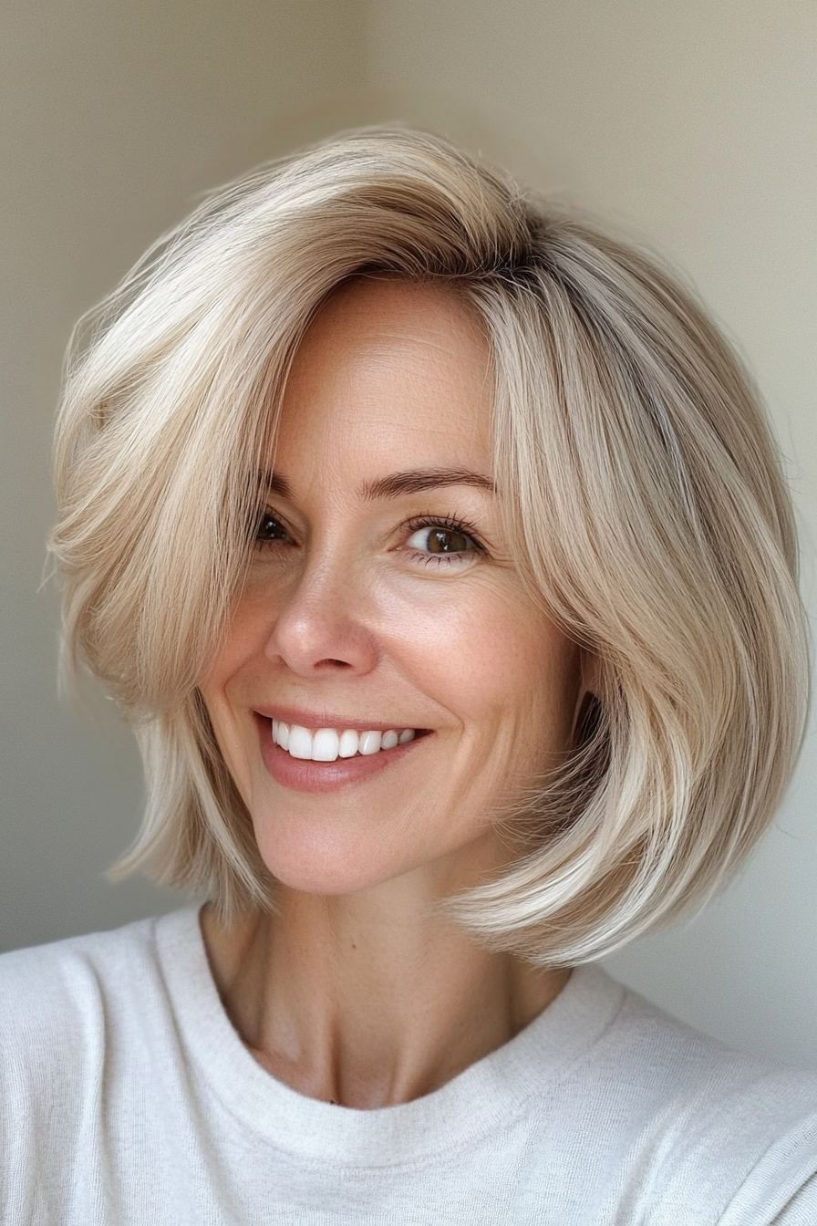 24. Ash Blonde Layered Bob with Volume (Layered Hairstyles For Women Over 50) - Layered Hairstyles For Women Over 50