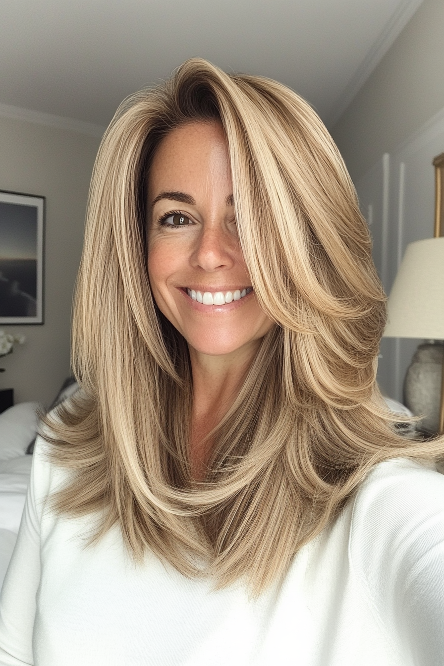 25. Sandy Blonde Layered Lob with Balayage (Layered Hairstyles For Women Over 50) - Layered Hairstyles For Women Over 50