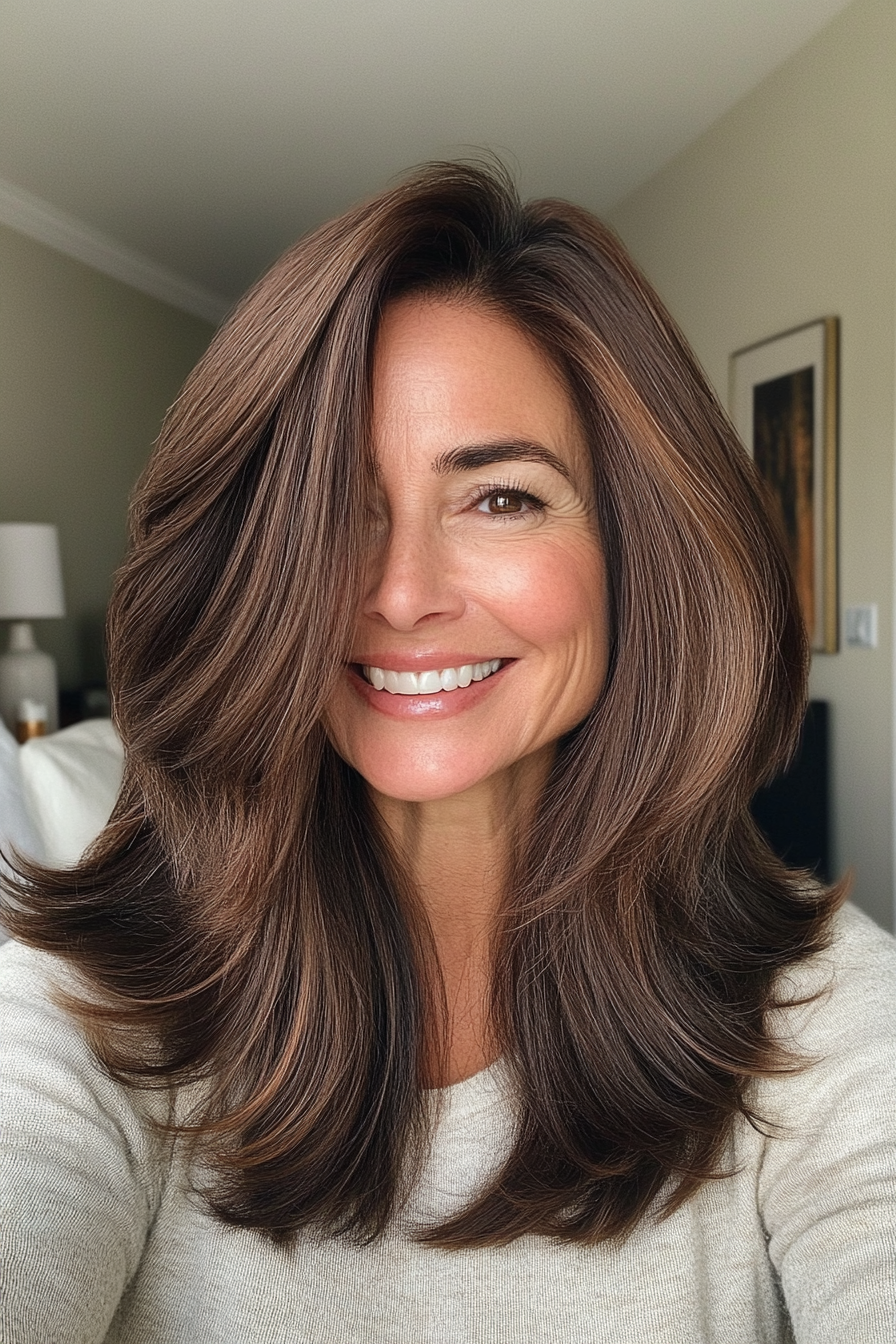26. Mocha Brown Mid-Length Layers (Layered Hairstyles For Women Over 50) - Layered Hairstyles For Women Over 50