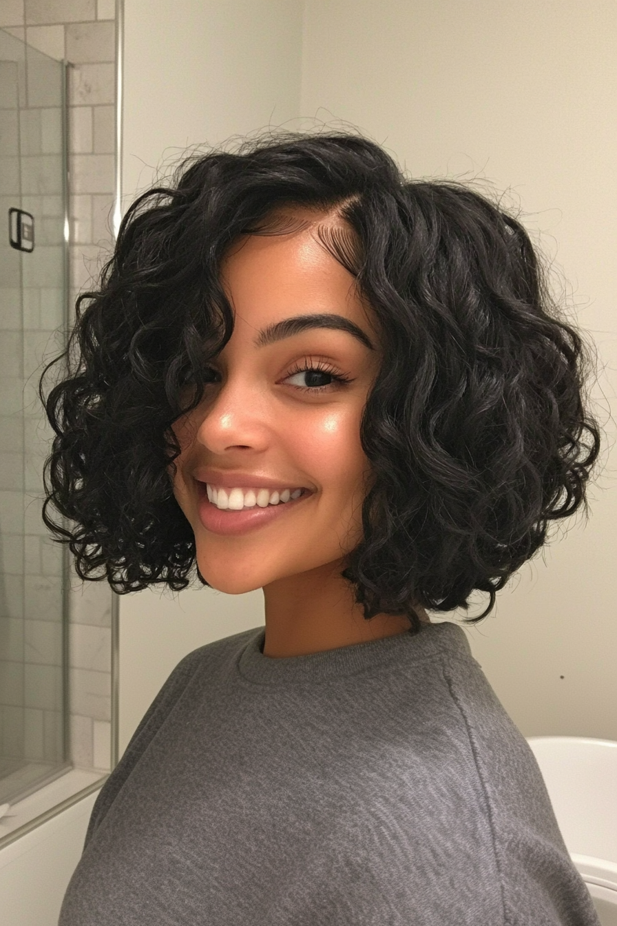 13. Natural Black Curly Bob (Inverted Bob Haircuts) - Inverted Bob Haircuts