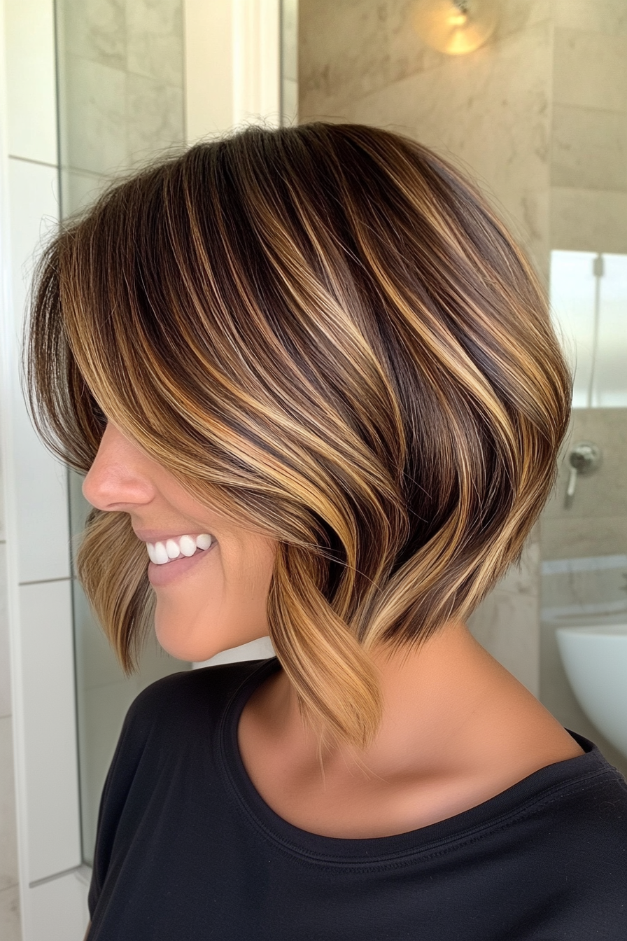 26. Golden Highlights on Brunette Bob (Inverted Bob Haircuts) - Inverted Bob Haircuts