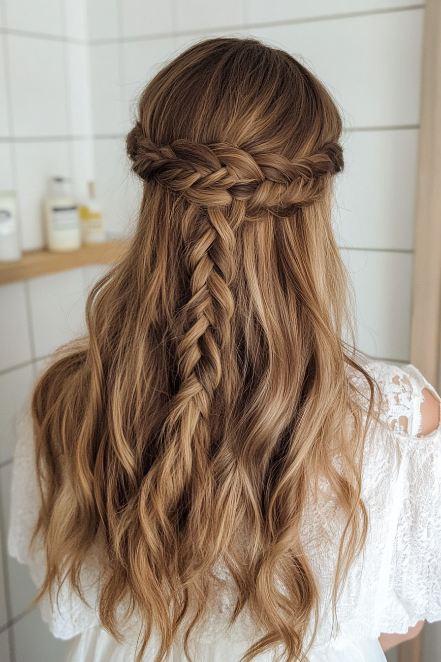 2. Boho Crown Braid with Ash Brown Accents (Wedding Hairstyles For Long Hair) - Wedding Hairstyles For Long Hair