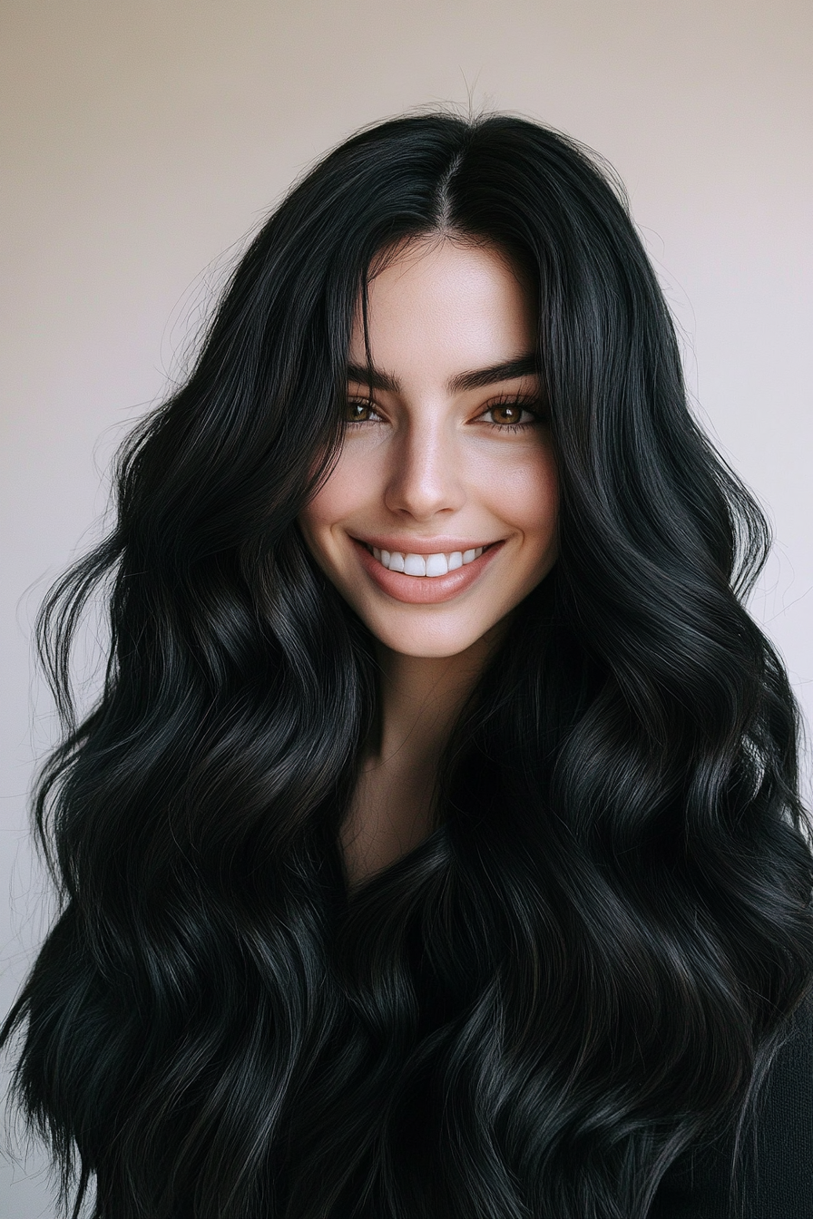 5. Voluminous Hollywood Waves in Jet Black (Wedding Hairstyles For Long Hair) - Wedding Hairstyles For Long Hair