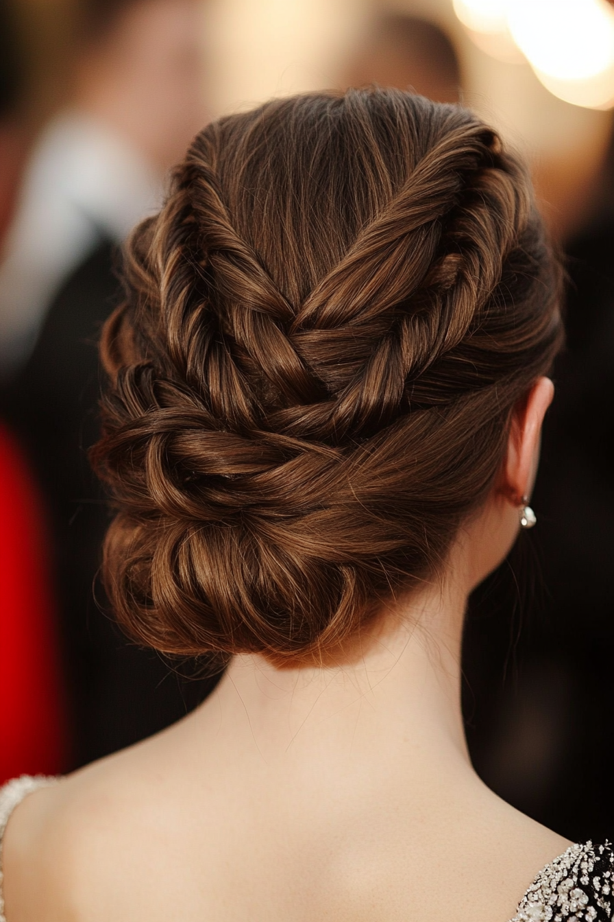 6. Braided Fishtail Updo in Rich Espresso (Wedding Hairstyles For Long Hair) - Wedding Hairstyles For Long Hair
