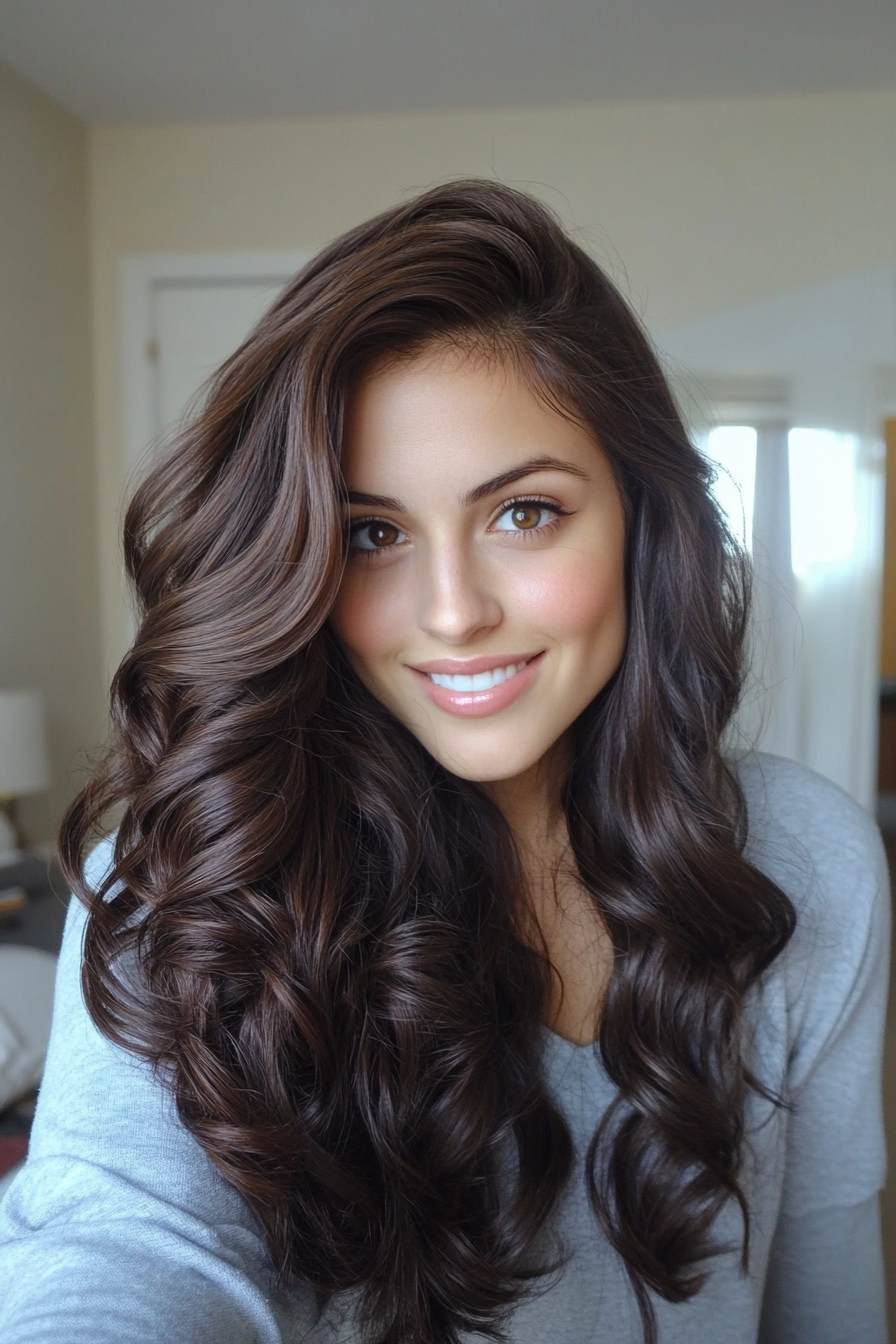 9. Side-Swept Curls in Dark Chocolate Brown (Wedding Hairstyles For Long Hair) - Wedding Hairstyles For Long Hair