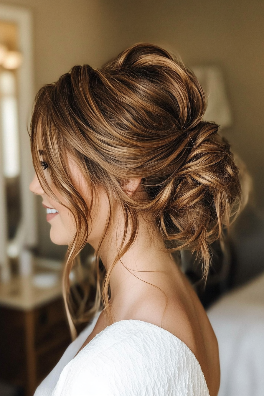 10. Messy Bun with Face-Framing Strands in Caramel Brown (Wedding Hairstyles For Long Hair) - Wedding Hairstyles For Long Hair