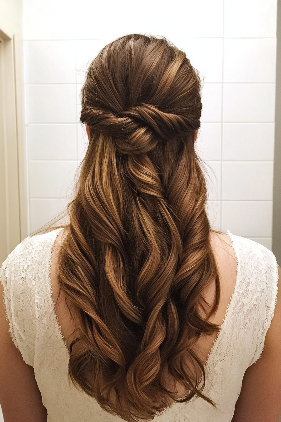 12. Twisted Half-Up Style in Mahogany (Wedding Hairstyles For Long Hair) - Wedding Hairstyles For Long Hair