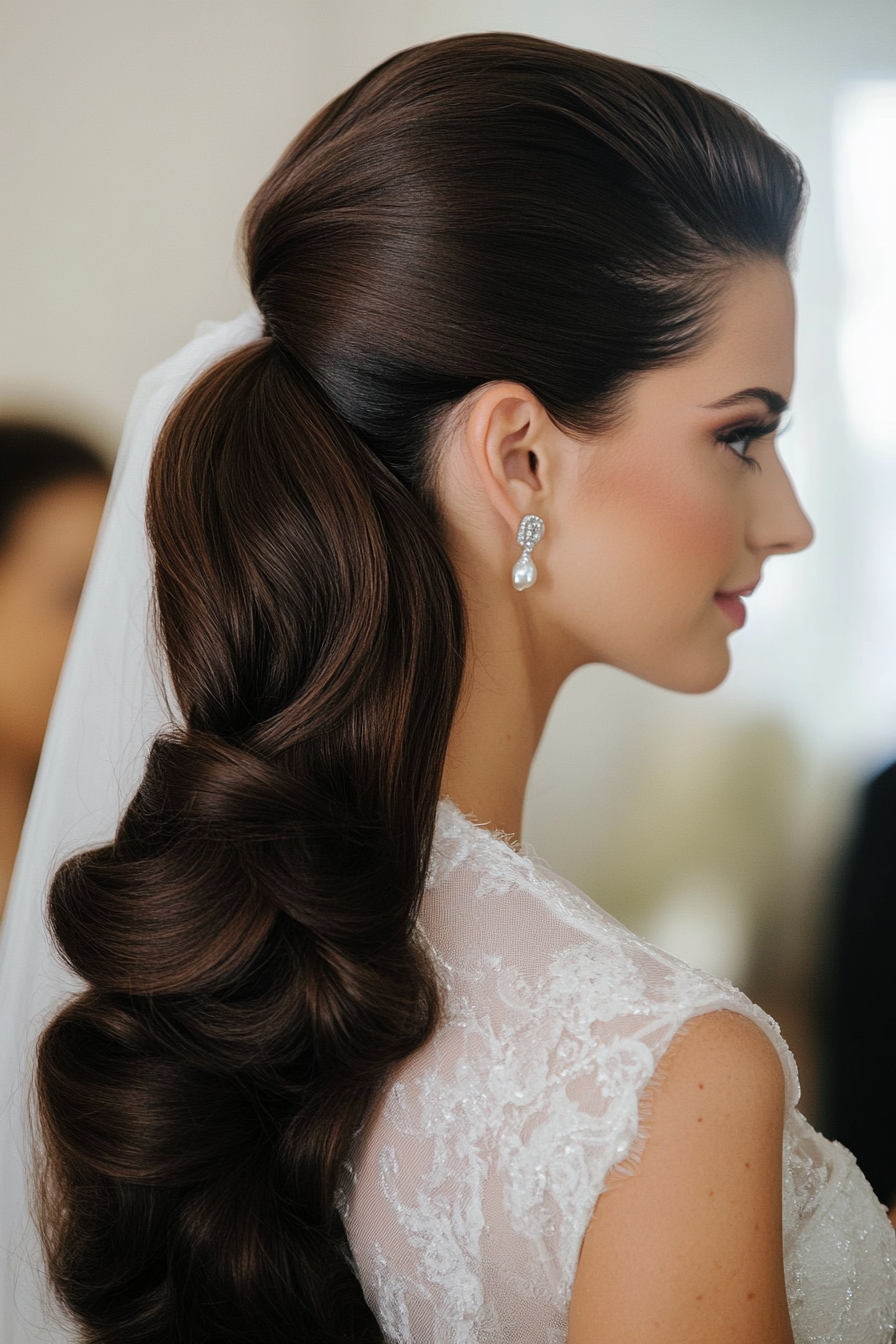 13. Glamorous Ponytail in Espresso Brown (Wedding Hairstyles For Long Hair) - Wedding Hairstyles For Long Hair