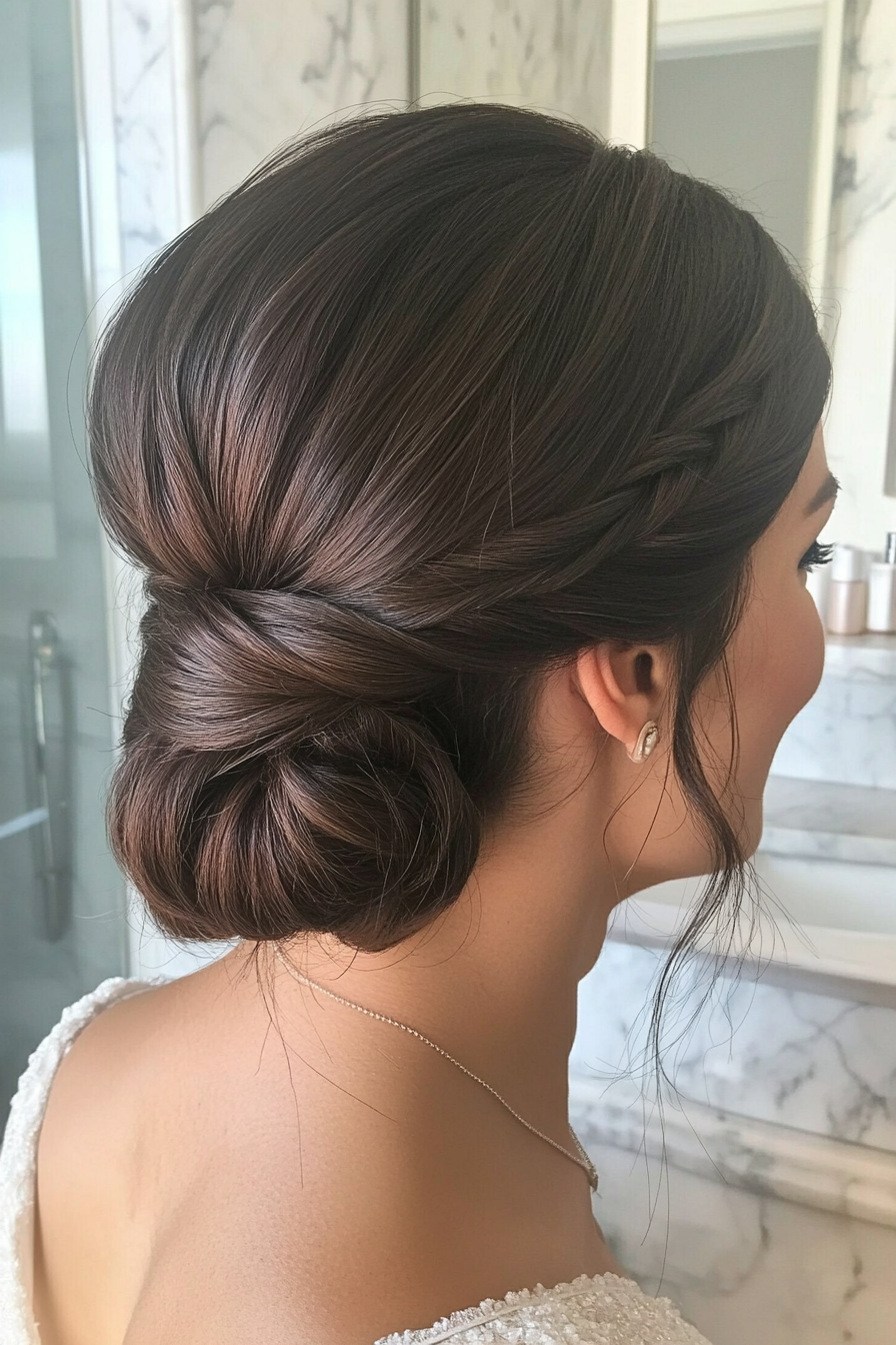 14. Low Braided Bun in Cool Dark Brown (Wedding Hairstyles For Long Hair) - Wedding Hairstyles For Long Hair