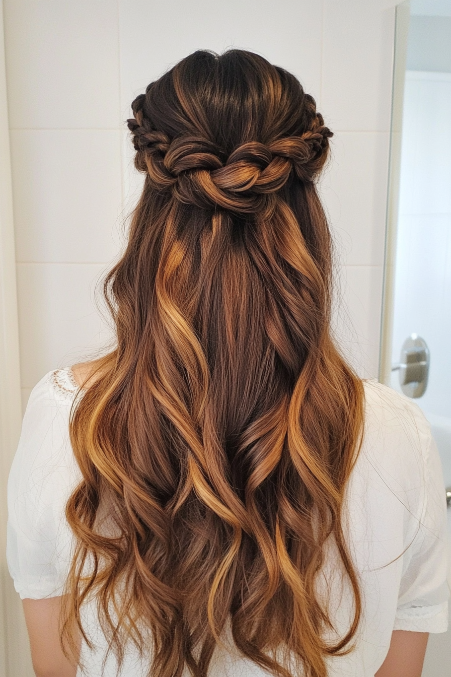 16. Twisted Crown Style in Chestnut Ombre (Wedding Hairstyles For Long Hair) - Wedding Hairstyles For Long Hair