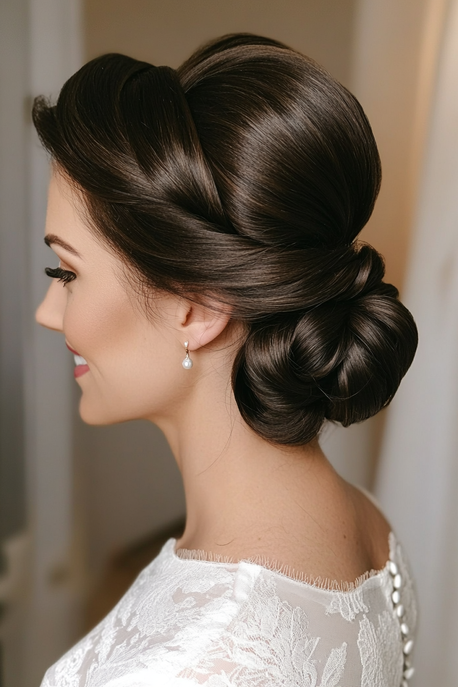 17. Vintage Roll Updo in Natural Black (Wedding Hairstyles For Long Hair) - Wedding Hairstyles For Long Hair