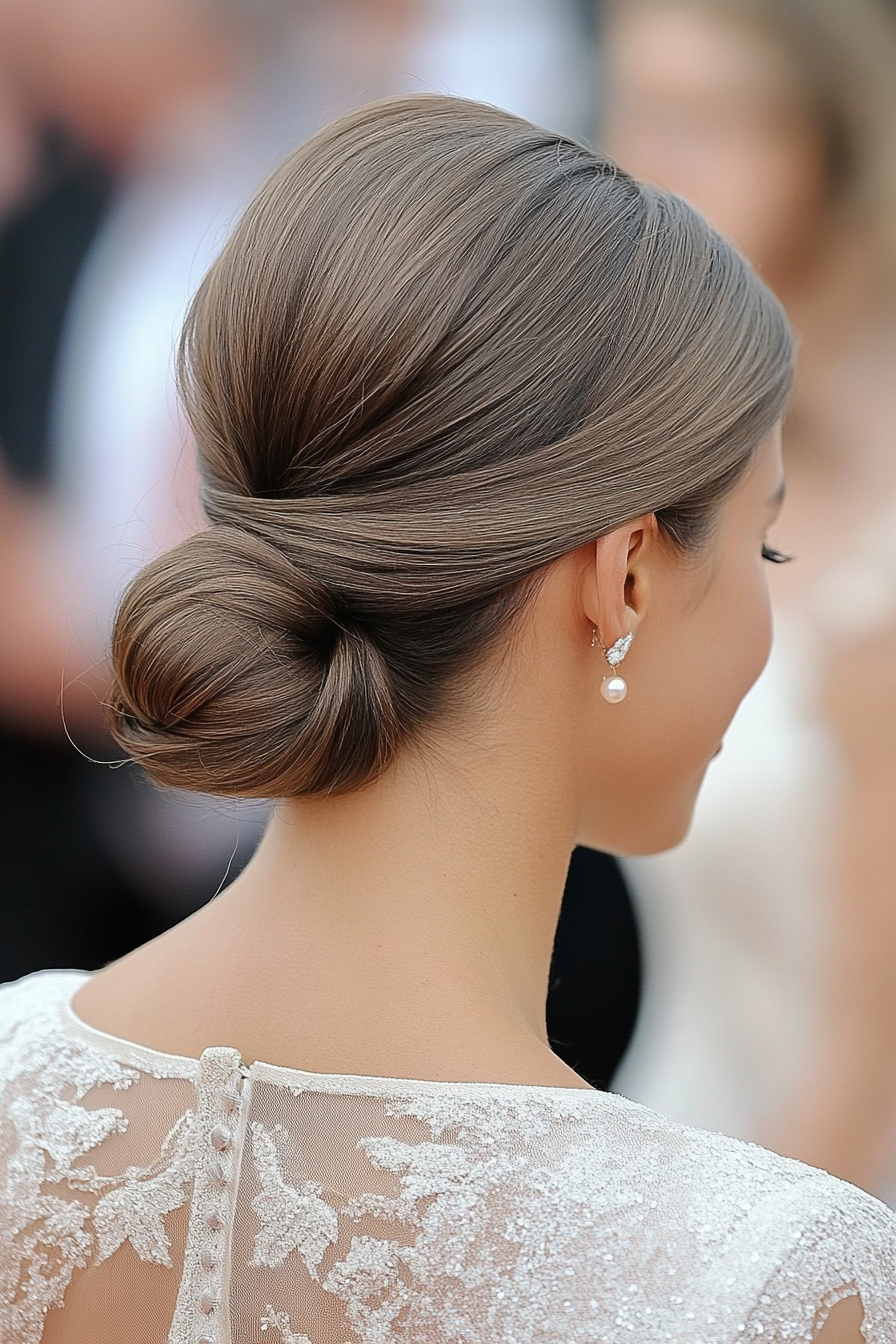 20. Chic Bun with Middle Part in Ash Brown (Wedding Hairstyles For Long Hair) - Wedding Hairstyles For Long Hair