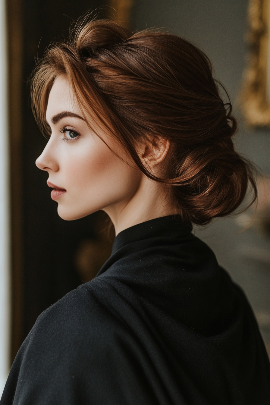 21. Side-Swept Updo in Warm Chestnut (Wedding Hairstyles For Long Hair) - Wedding Hairstyles For Long Hair
