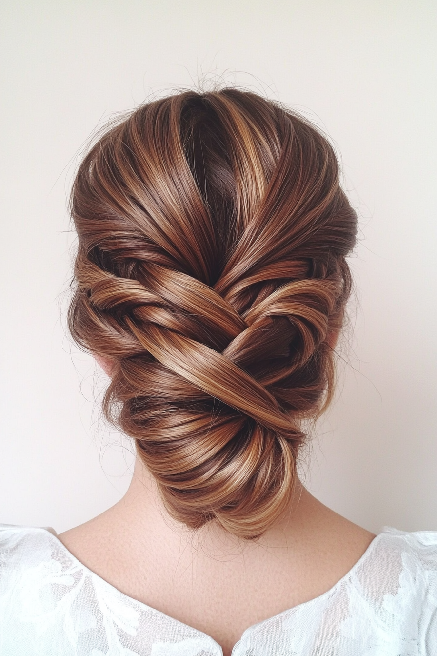 22. Textured Braided Updo in Caramel Highlights (Wedding Hairstyles For Long Hair) - Wedding Hairstyles For Long Hair