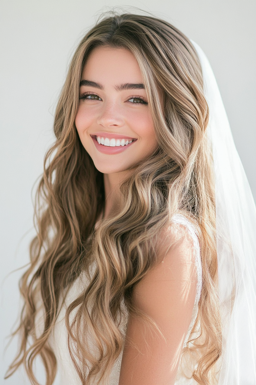 23. Soft Curls with Veil in Sandy Brown (Wedding Hairstyles For Long Hair) - Wedding Hairstyles For Long Hair