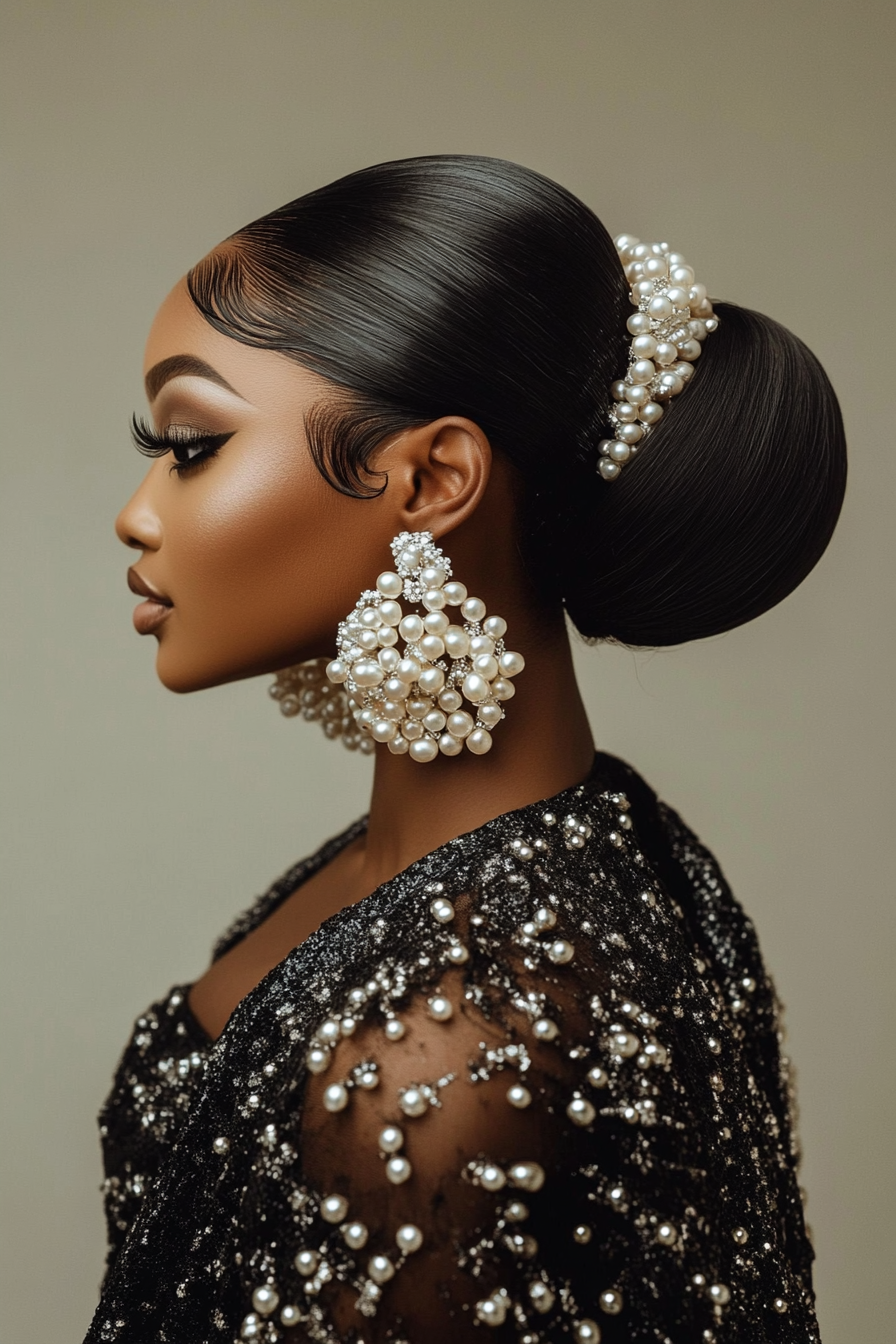 24. Classic Bun with Pearl Accents in Jet Black (Wedding Hairstyles For Long Hair) - Wedding Hairstyles For Long Hair