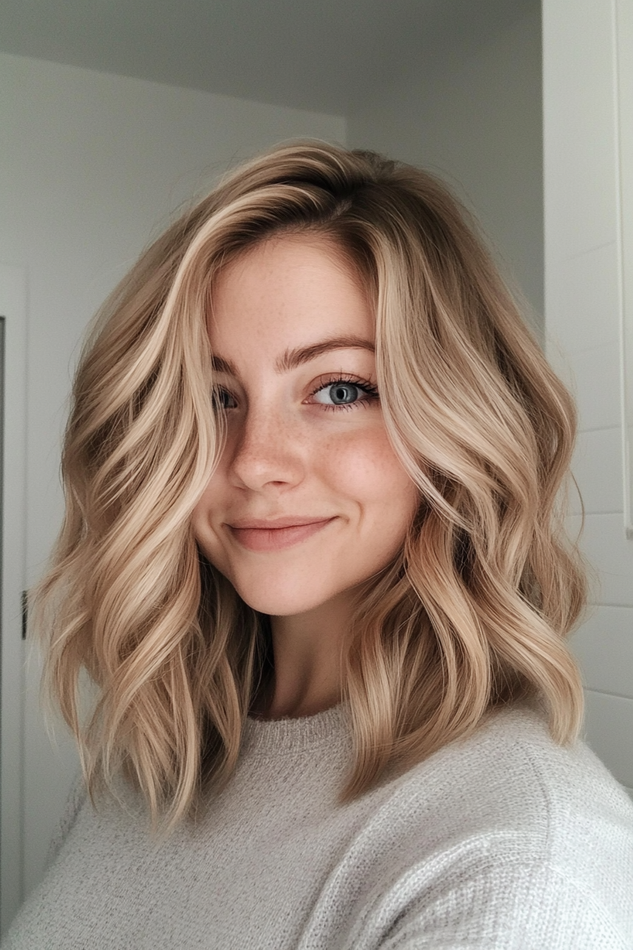 4. The Sandy Beige Blend (Medium Length Wavy Haircuts) - Medium Length Wavy Haircuts