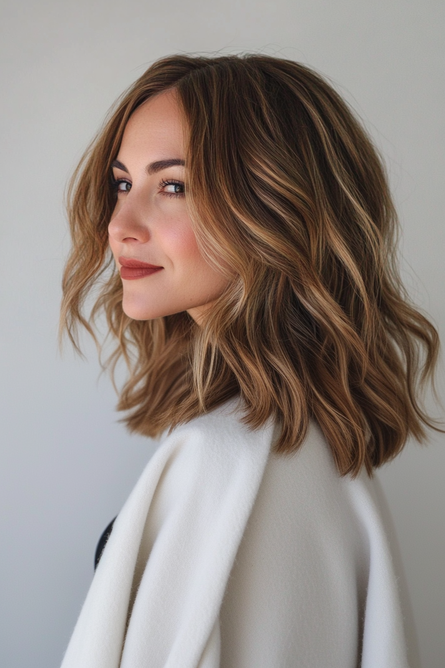 23. The Ashy Caramel Flow (Medium Length Wavy Haircuts) - Medium Length Wavy Haircuts
