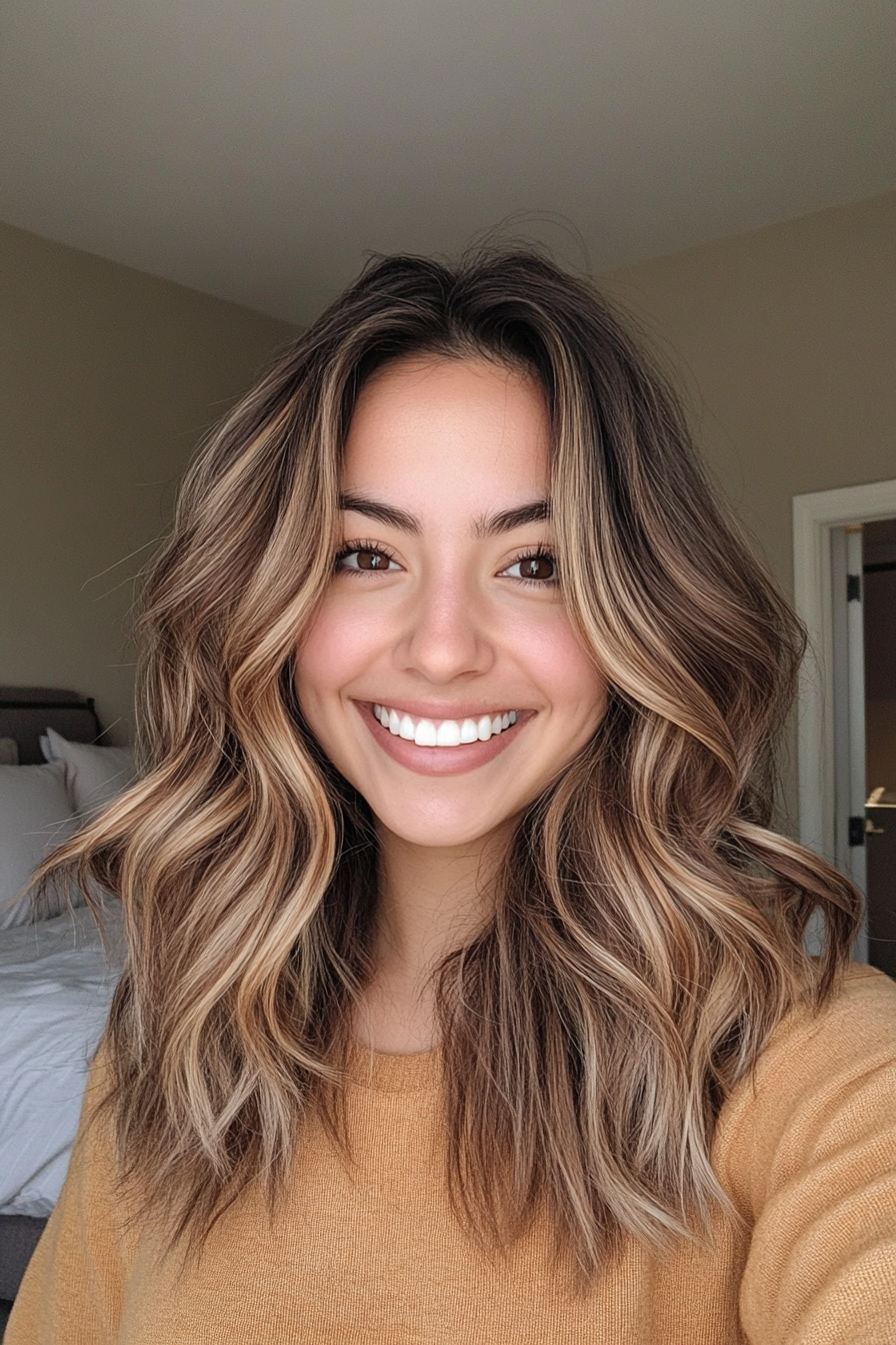 17. The Sandy Brunette Swirl (Medium Length Wavy Haircuts) - Medium Length Wavy Haircuts