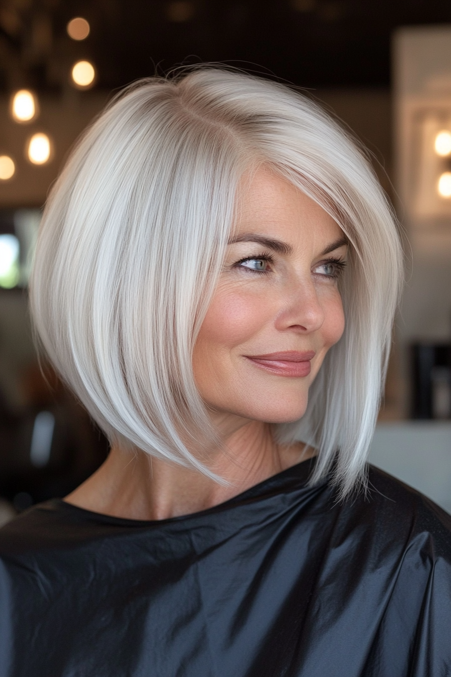 7. Icy White Asymmetrical Bob (Hairstyles For Women Over 60) - Hairstyles For Women Over 60