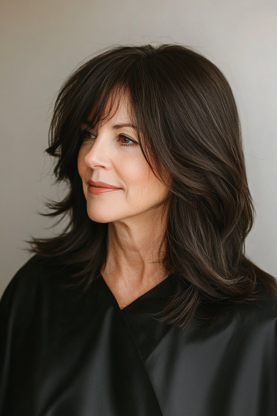 8. Dark Chocolate Lob with Curtain Bangs (Hairstyles For Women Over 60) - Hairstyles For Women Over 60