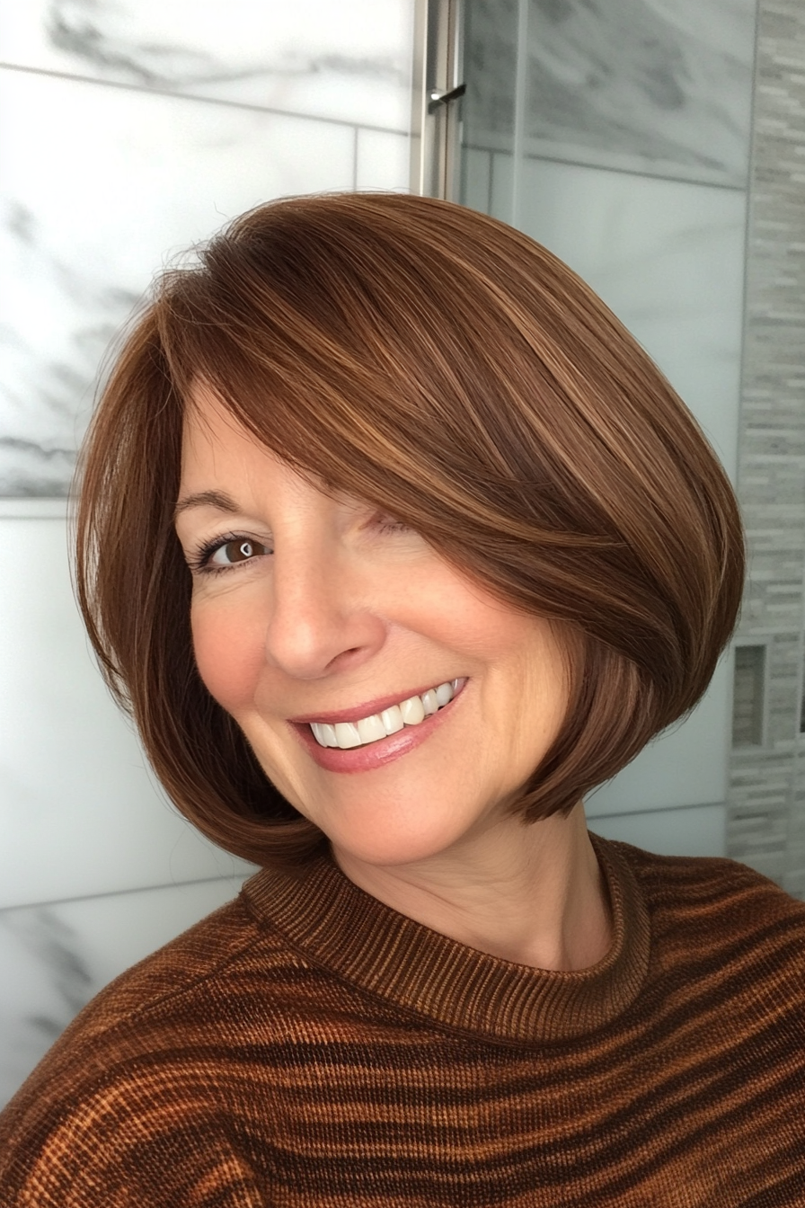 11. Chestnut Brown Bob with Side Bangs (Hairstyles For Women Over 60) - Hairstyles For Women Over 60