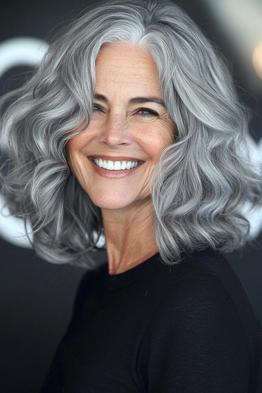 13. Natural Gray Wavy Lob (Hairstyles For Women Over 60) - Hairstyles For Women Over 60