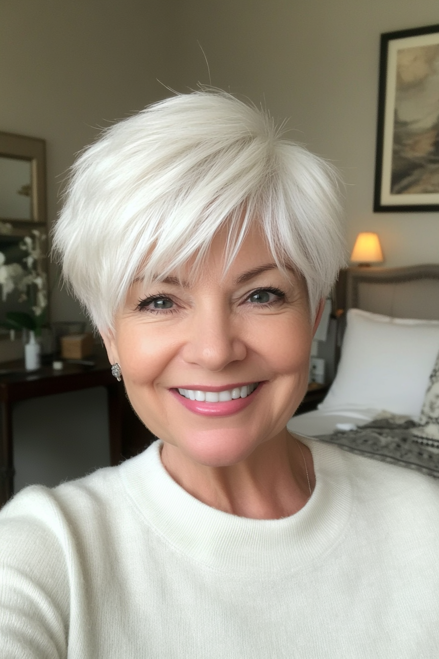 18. Natural White Pixie with Wispy Bangs (Hairstyles For Women Over 60) - Hairstyles For Women Over 60