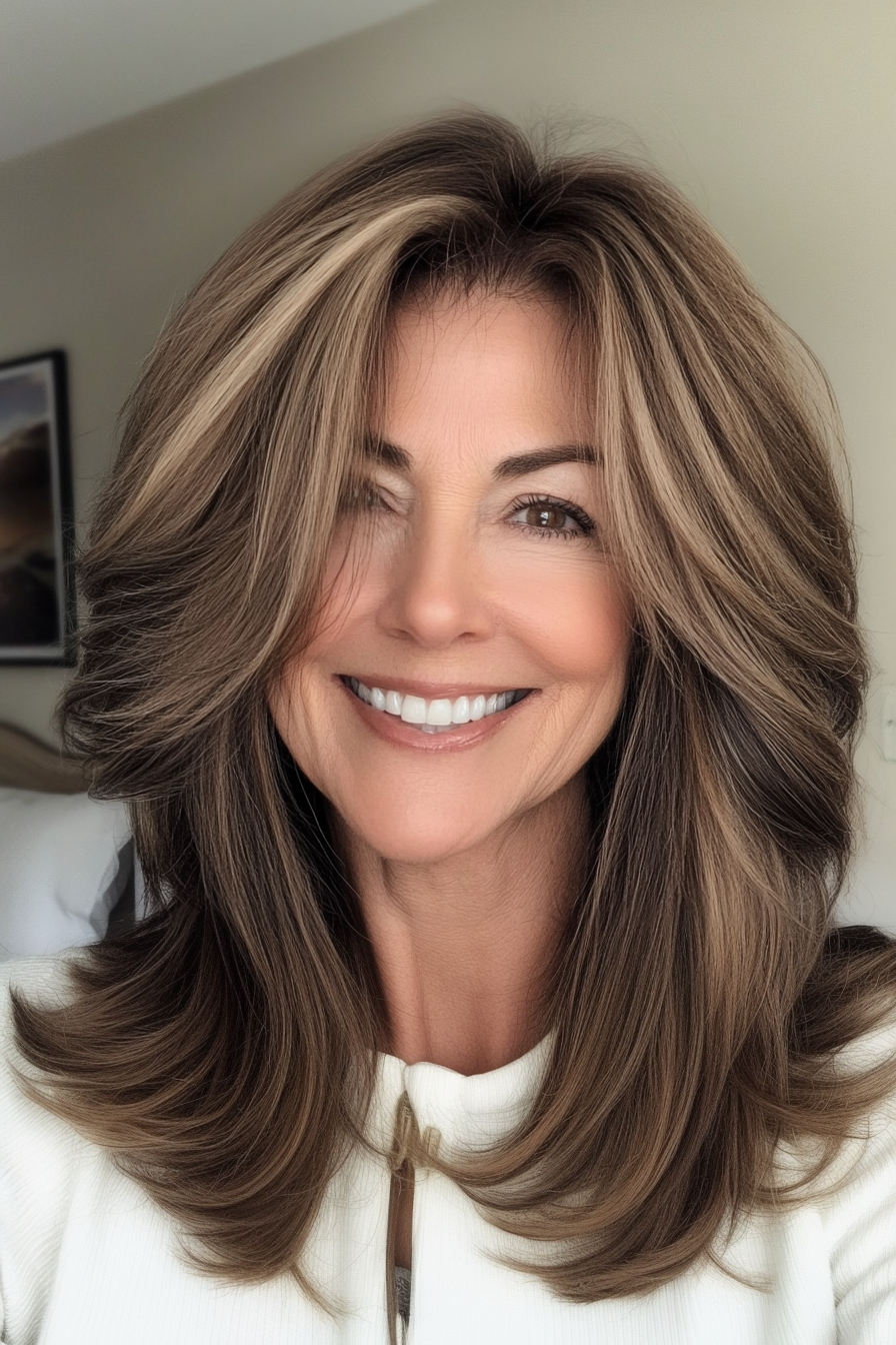19. Ash Brown Layered Lob (Hairstyles For Women Over 60) - Hairstyles For Women Over 60
