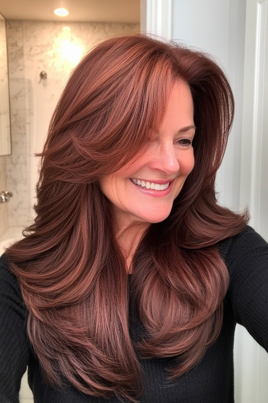 20. Rich Mahogany Long Layers (Hairstyles For Women Over 60) - Hairstyles For Women Over 60